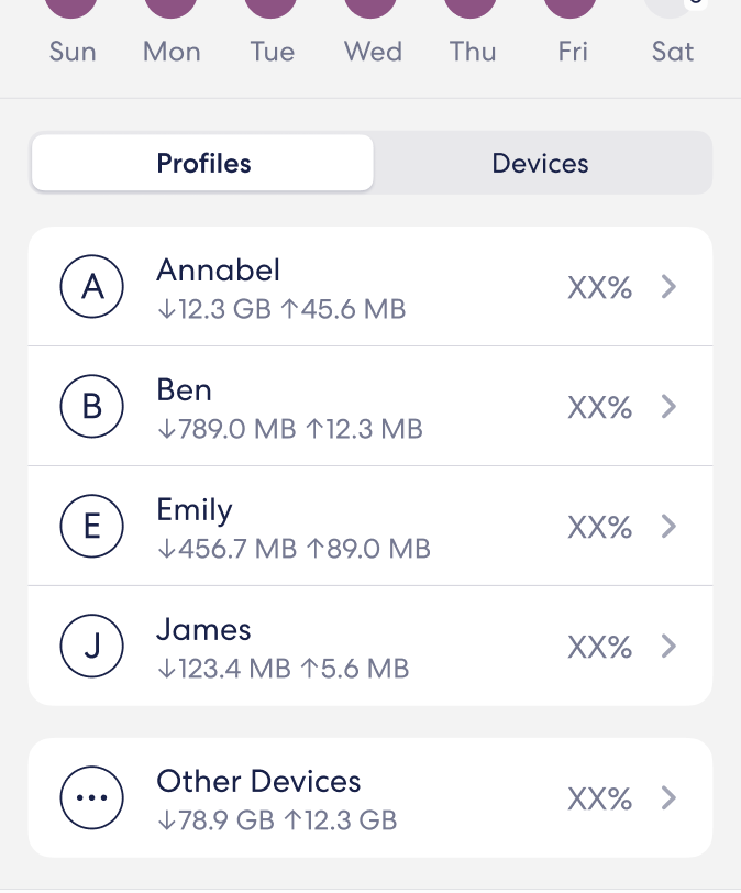 An image the Activity Center breaking down data usage by profile, showing the total data downloaded and uploaded, as well as indicating what percentage of the grand total this profile used.