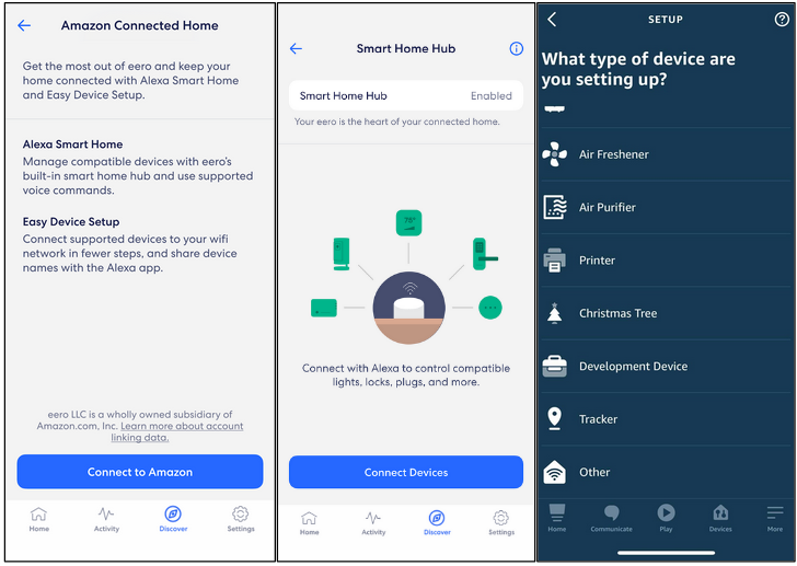 An image with three panels. The first shows the Amazon Connected Home menu in the eero app. At the bottom is an option to Connect to Amazon. The second panel shows the same menu after you have connected your Amazon account. At the bottom is an option to Connect Devices, while the top has an option enable or disable the Smart Home Hub. The final panel is the Device Setup menu, and allows youo to choose from a variety of device types.