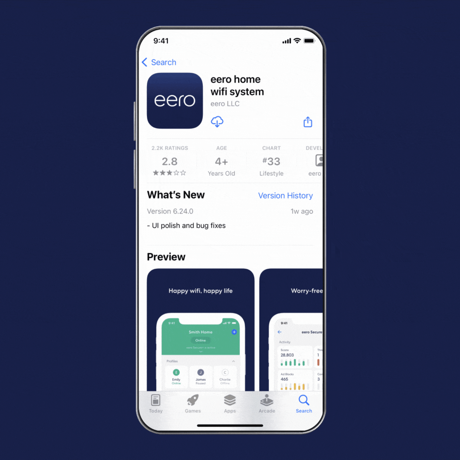 An animated GIF starting with the eero App listing in a device's app store. Leading to the eero app log in screen, there is an option for New to eero, which then leads to an option to use an Amazon account. That leads to the Amazon Account login page to input the email and password for your Amazon account.