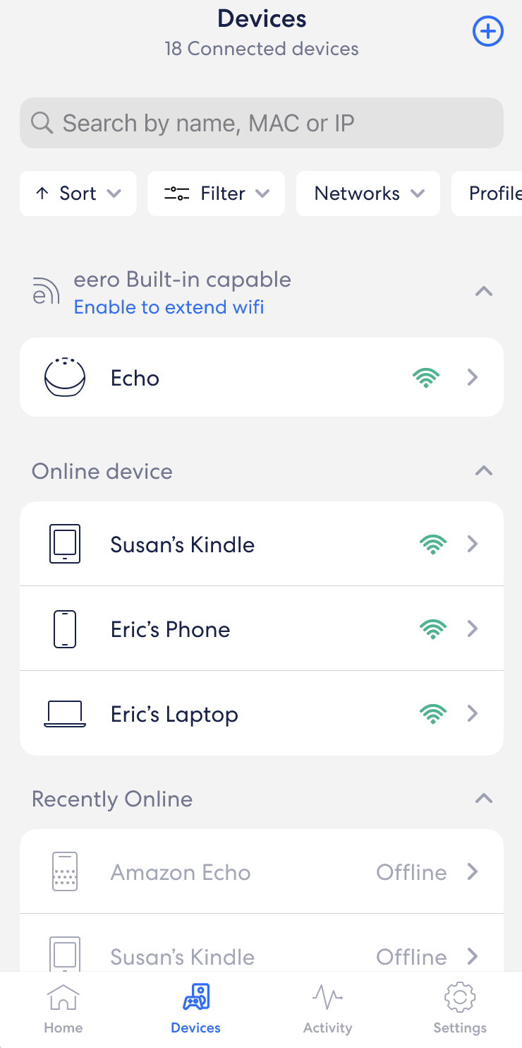 An image of the Devices tab, showing any active eero Built-In devices, actively connected devices, and recently connected devices.
