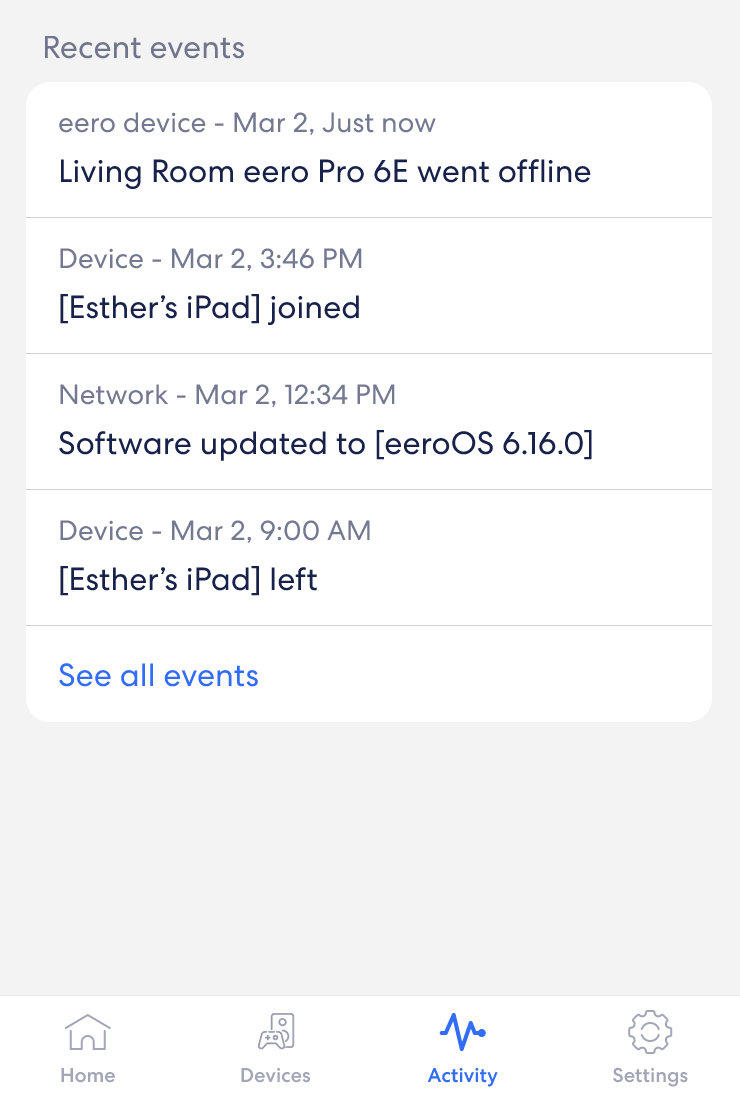 An image of the  Recent Events list from the Activity tab.