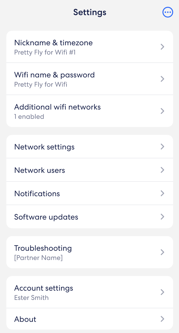 An image of the Settings tab in the eero app.