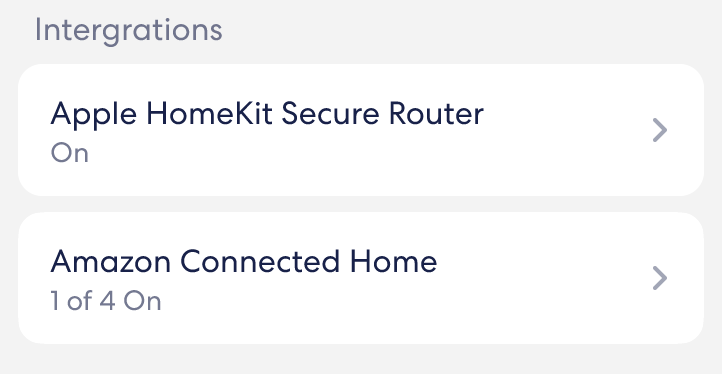 An image of the Integrations section of the Network Settings menu. It has options for Apple Homekit Secure Router and Amazon Connected Home.