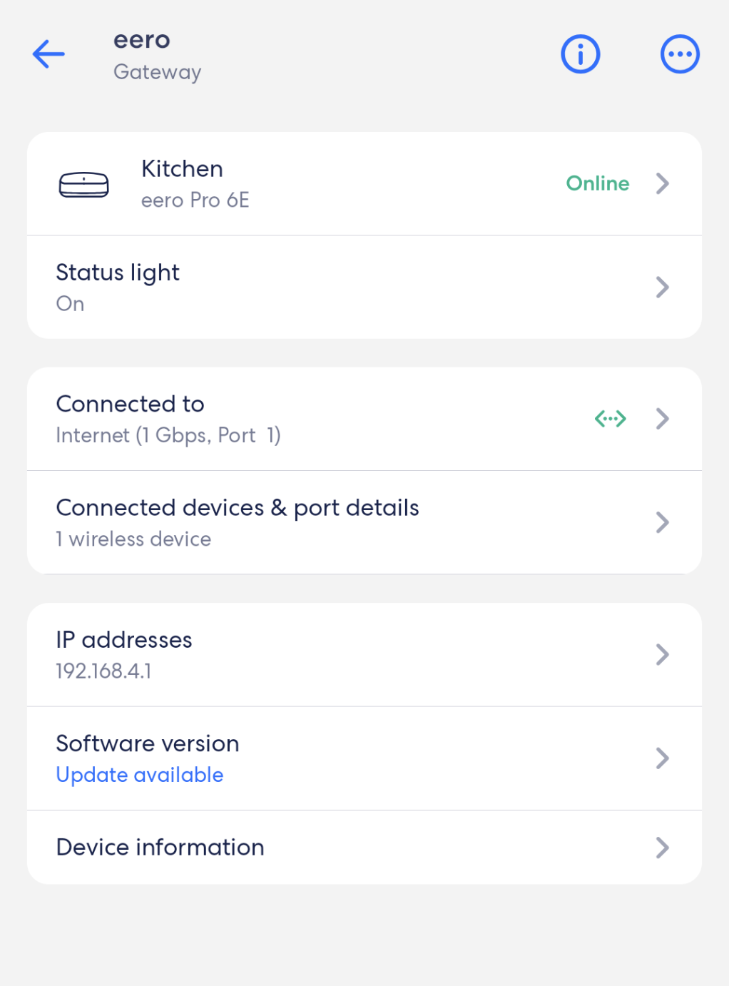 An image of the eero Device details menu. This allows you to see more information about the eero, such as its connection status, IP address, and identifying details such as the unit serial number. The page will also allow you to change the location name of the eero.