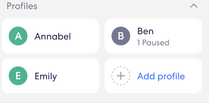 An image of the Profiles portion of the Home screen, listing the currently created Family Profiles and allowing the creation of a new Profile.