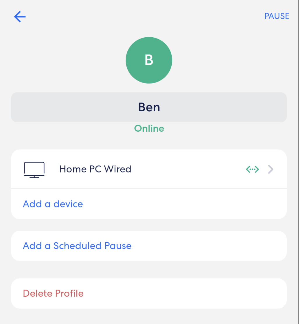 An image of a Profile details screen, showing the name of the Profile, and all devices currently assigned to that profile. You can add devices, set scheduled pauses, manually pause the Profile, or delete the Profile from this menu.