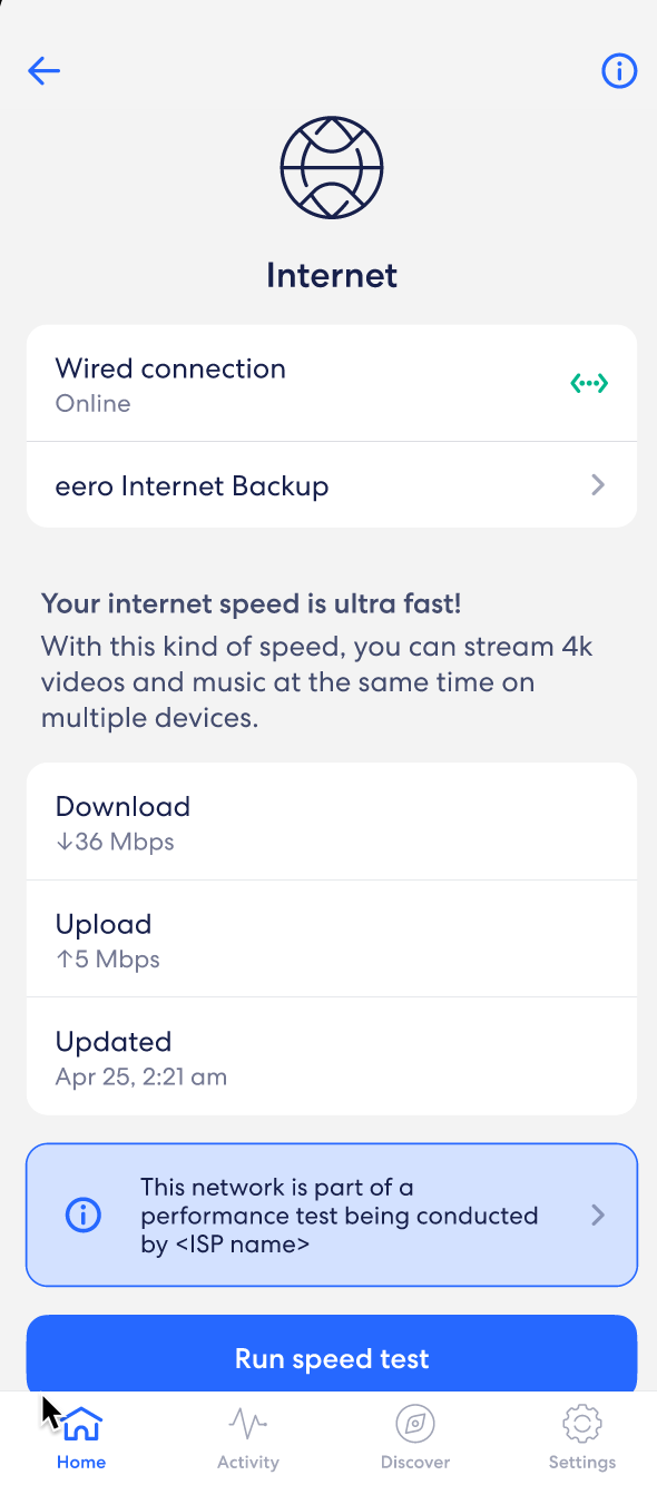 Speed test page in eero app