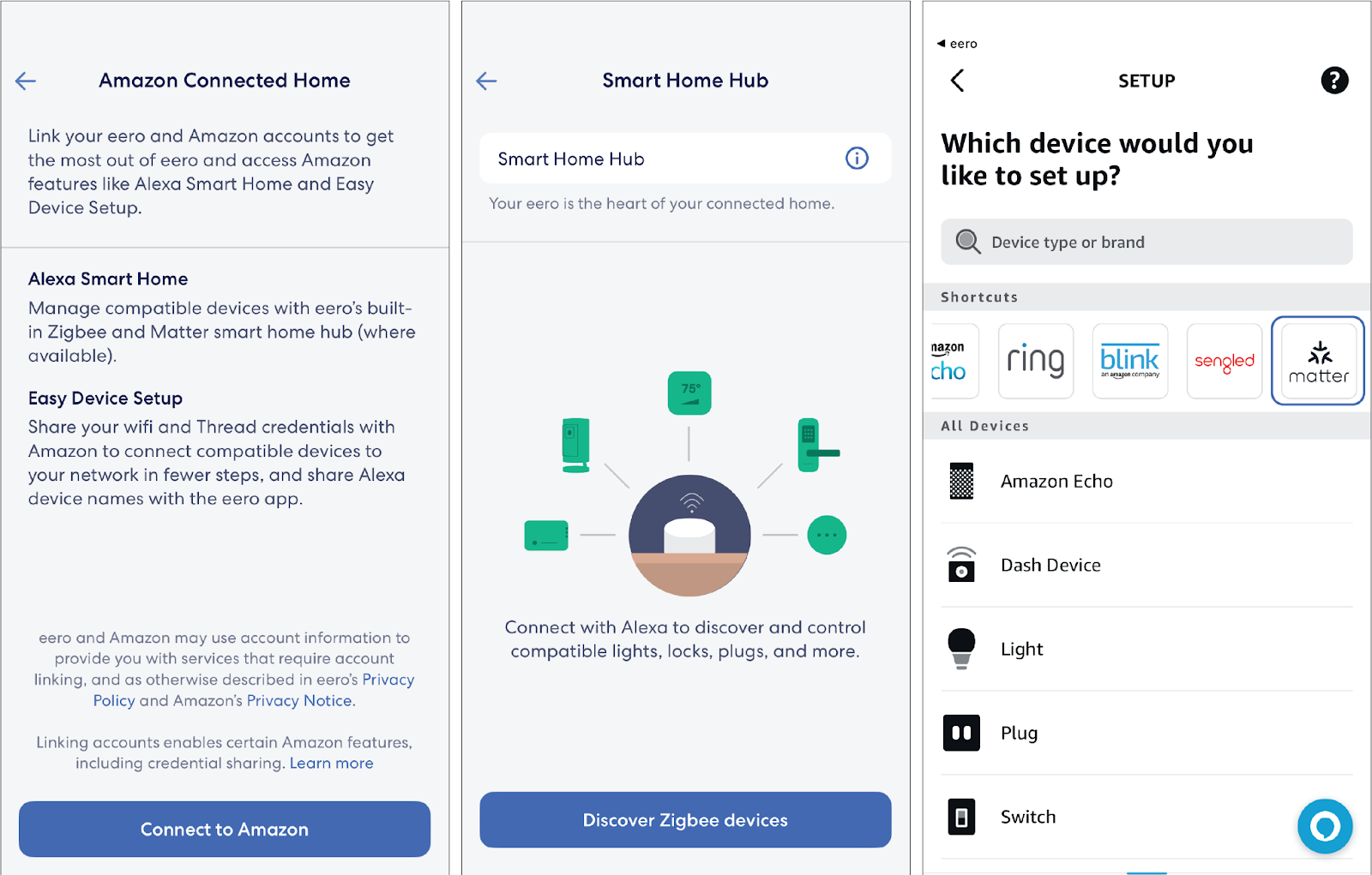 screenshots of eero and alexa app showing where matter is located