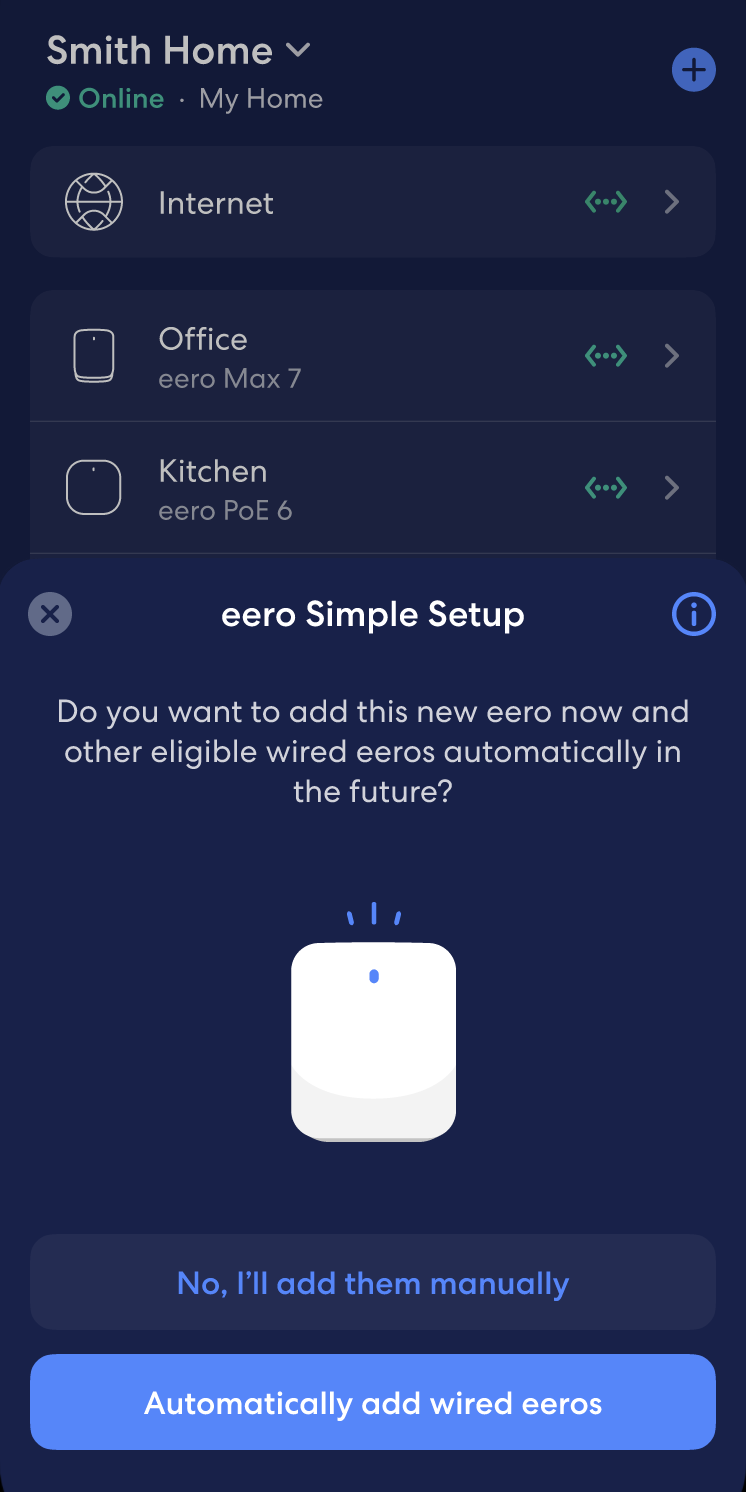 image of eero app showing pop up asking to enable simple setup.