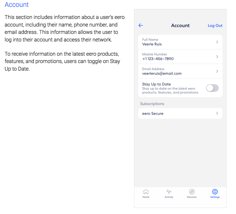An image of the Account details menu from the Settings tab. It displays the name, email, and phone number linked to the eero account. 