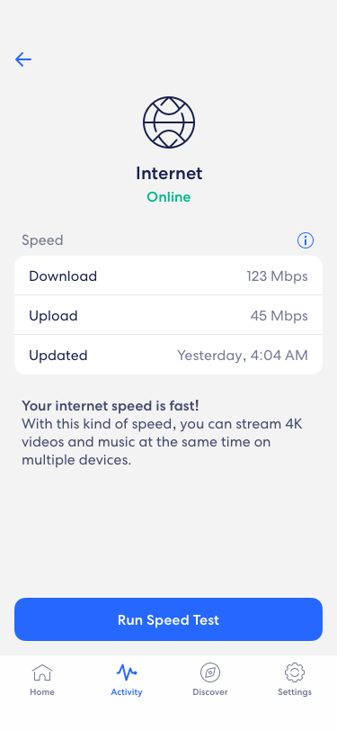 An image showing where to find the speed test option, at the bottom of the Activty section in the eero App.