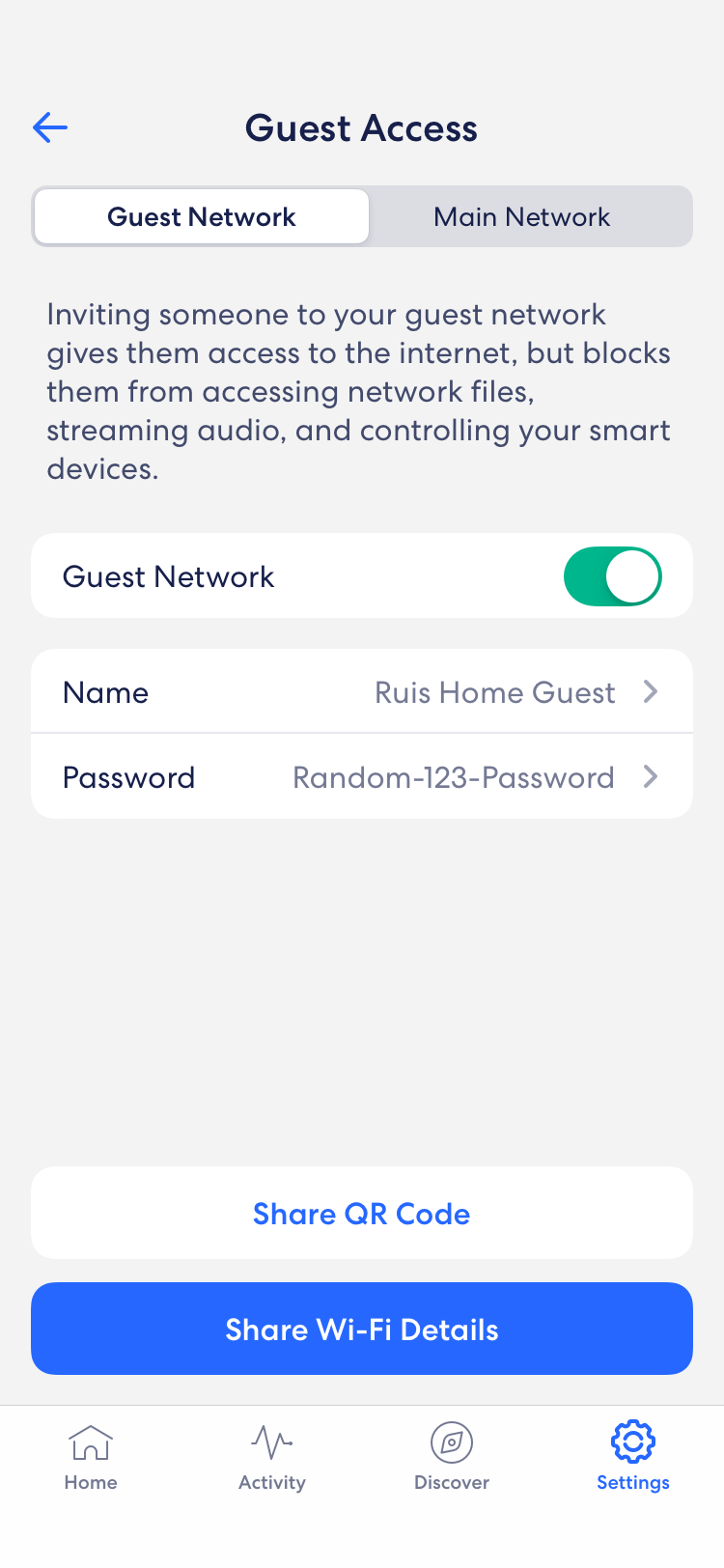 An image showing the Guest Access screen. With the guest Network enabled, options to share the QR code or an option to send the network details via other methods, such as SMS, are lit up and able to be selected.