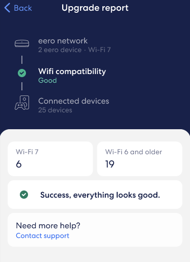 Screenshot of eero app showing compatibility between device Wi-Fi standards and eero hardware Wi-Fi standards.