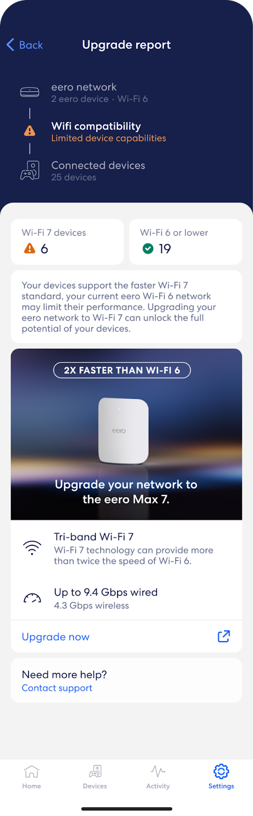 Screenshot of eero app displaying entire upgrade report screen.