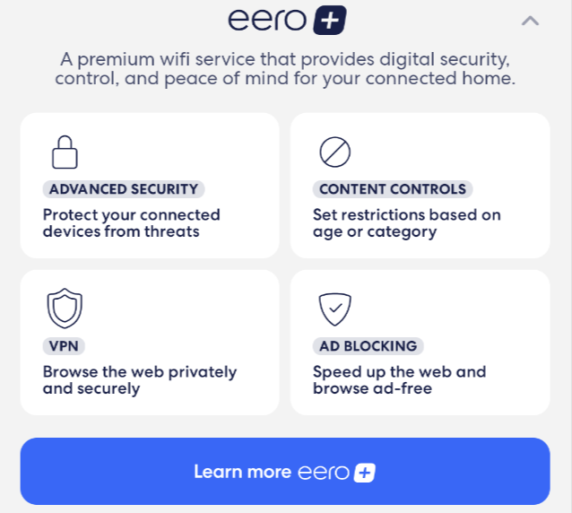 Ein Bild der eero Plus-Werbung, die im Abschnitt „Sicherheit“ angezeigt wird, wenn Sie kein aktives eero Plus-Abonnement haben.