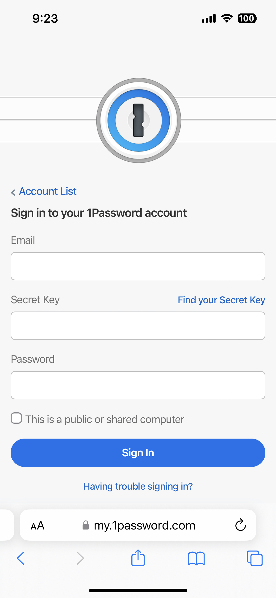 Ein Bild des Anmeldebildschirms von 1Password, auf dem Sie Ihre E-Mail-Adresse, Ihren geheimen Schlüssel und Ihr Passwort eingeben können.