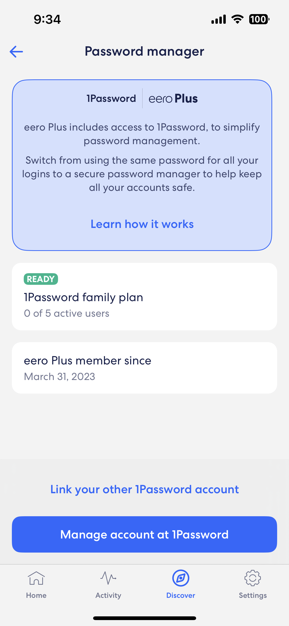 Ein Bild des 1Password-Bildschirms von account.eero.com mit einer Option unten zum Verknüpfen Ihres anderen 1Password-Kontos.