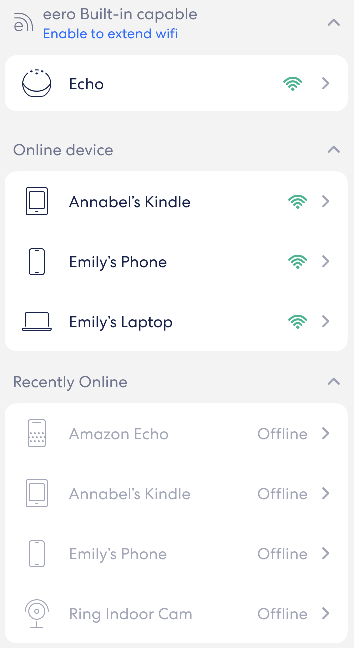 An image of the Devices tab, showing any active eero Built-In devices, actively connected devices, and recently connected devices.