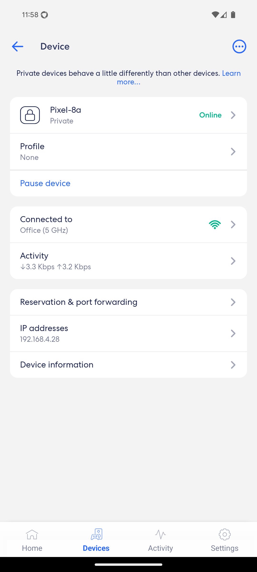 An image of a devices details page in the eero app, displaying details such as the IP address, connection type, data usage, and MAC Address.