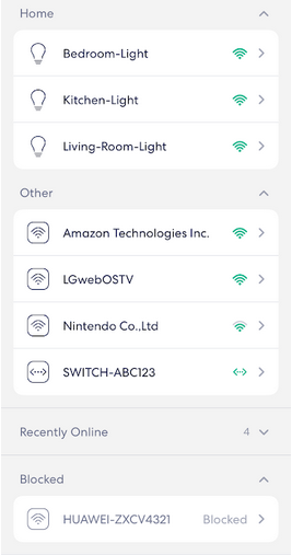 An image of the Devices tab, showing blocked devices at the bottom of the list.