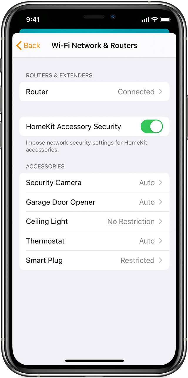 Une image de l'application Home vous permettant de contrôler les paramètres de sécurité des différents accessoires liés à votre configuration Homekit.