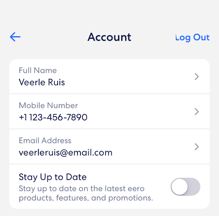 Un'immagine della schermata Informazioni account dell'app eero, che mostra il nome, il numero di telefono e l'indirizzo e-mail associati all'account.
