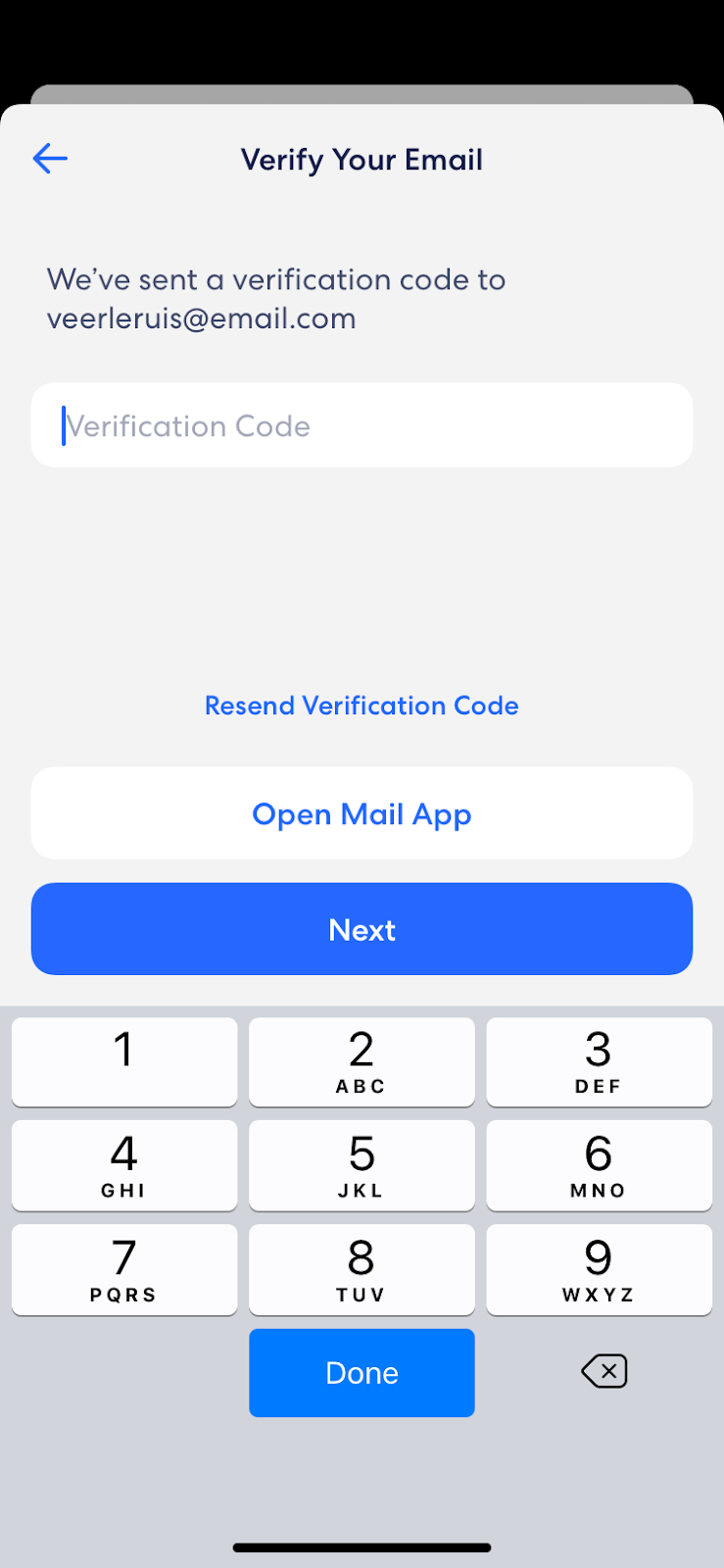 Uno screenshot della schermata di verifica dell'email, che ti consente di inserire il codice di verifica che ti verrà inviato via email su richiesta. Inserendo il codice, l'indirizzo email del tuo account verrà verificato e potrà essere utilizzato per futuri tentativi di accesso.