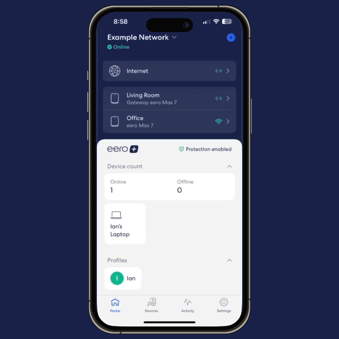 Un GIF animado que muestra cómo activar los Filtros de Contenido. Desde la pantalla de inicio, pulsa en el perfil deseado, luego en Filtros de Contenido y selecciona el rango de edad predefinido para empezar. Puedes personalizar los filtros dentro de ese rango de edad para añadir más bloqueos o permitir contenido que normalmente está bloqueado para ese rango.