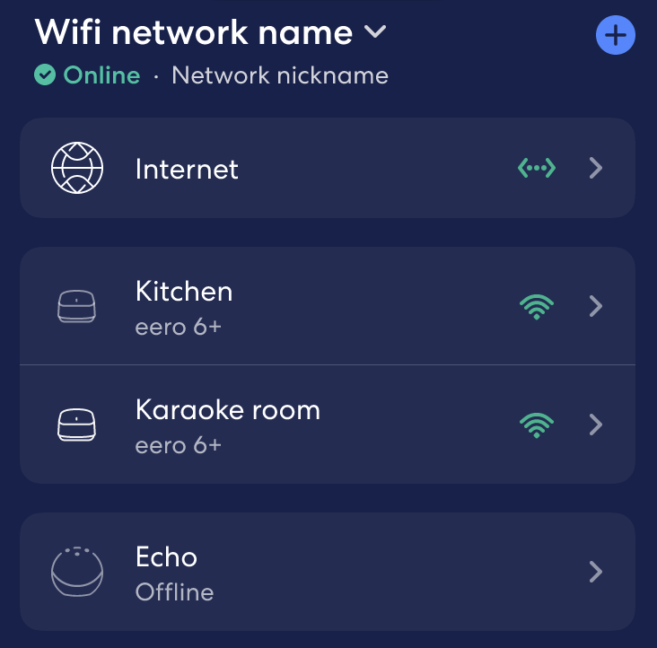 Un'immagine della schermata Home dell'app eero, che mostra il nome della rete, lo stato di Internet, lo stato di tutti gli eero sulla rete e lo stato dei dispositivi compatibili con eero Built-In in rete.