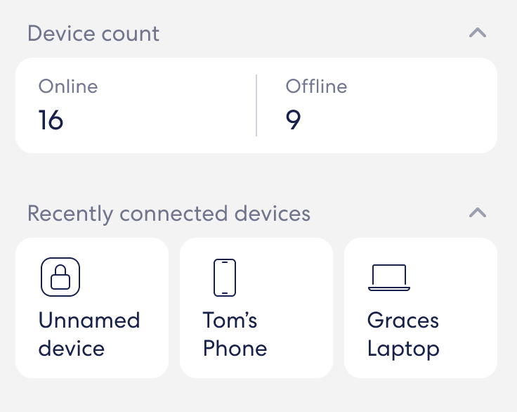 Un'immagine della sezione Dispositivi della schermata Home, che indica il numero di dispositivi attualmente connessi ed elenca le nuove connessioni più recenti.