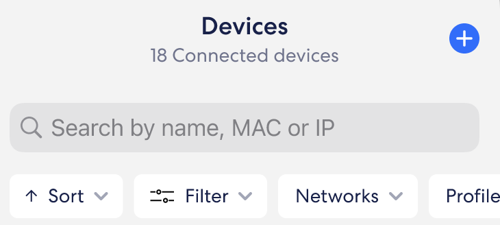 Un'immagine della funzione Cerca del menu Dispositivi, che consente di cercare un dispositivo tramite nickname, indirizzo MAC o IP.