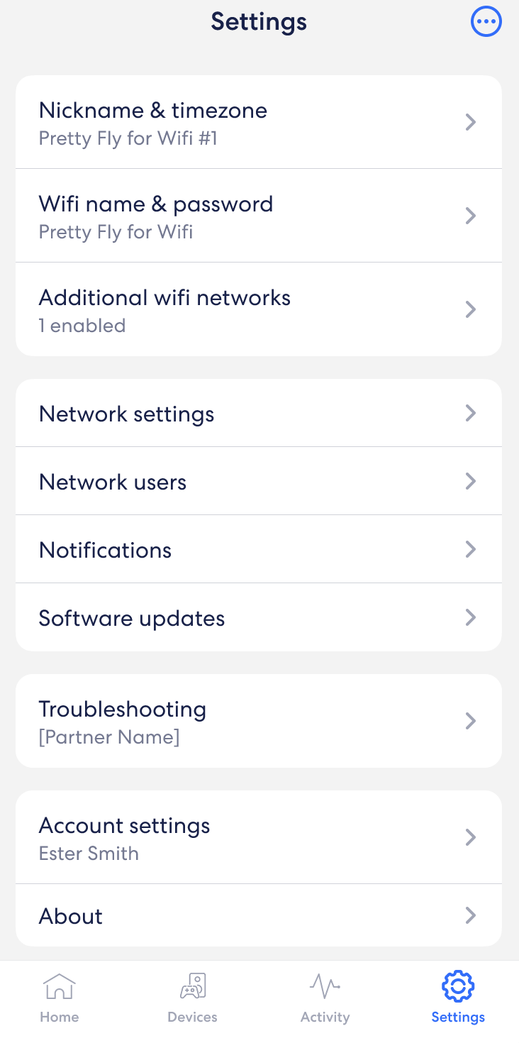 Un'immagine della scheda Impostazioni nell'app eero.