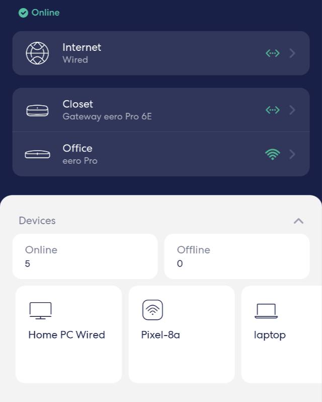 Un'immagine della schermata Home dell'app eero, che mostra il nome della rete, lo stato di Internet, lo stato di tutti gli eero in rete e lo stato dei dispositivi compatibili con eero Built-In in rete.