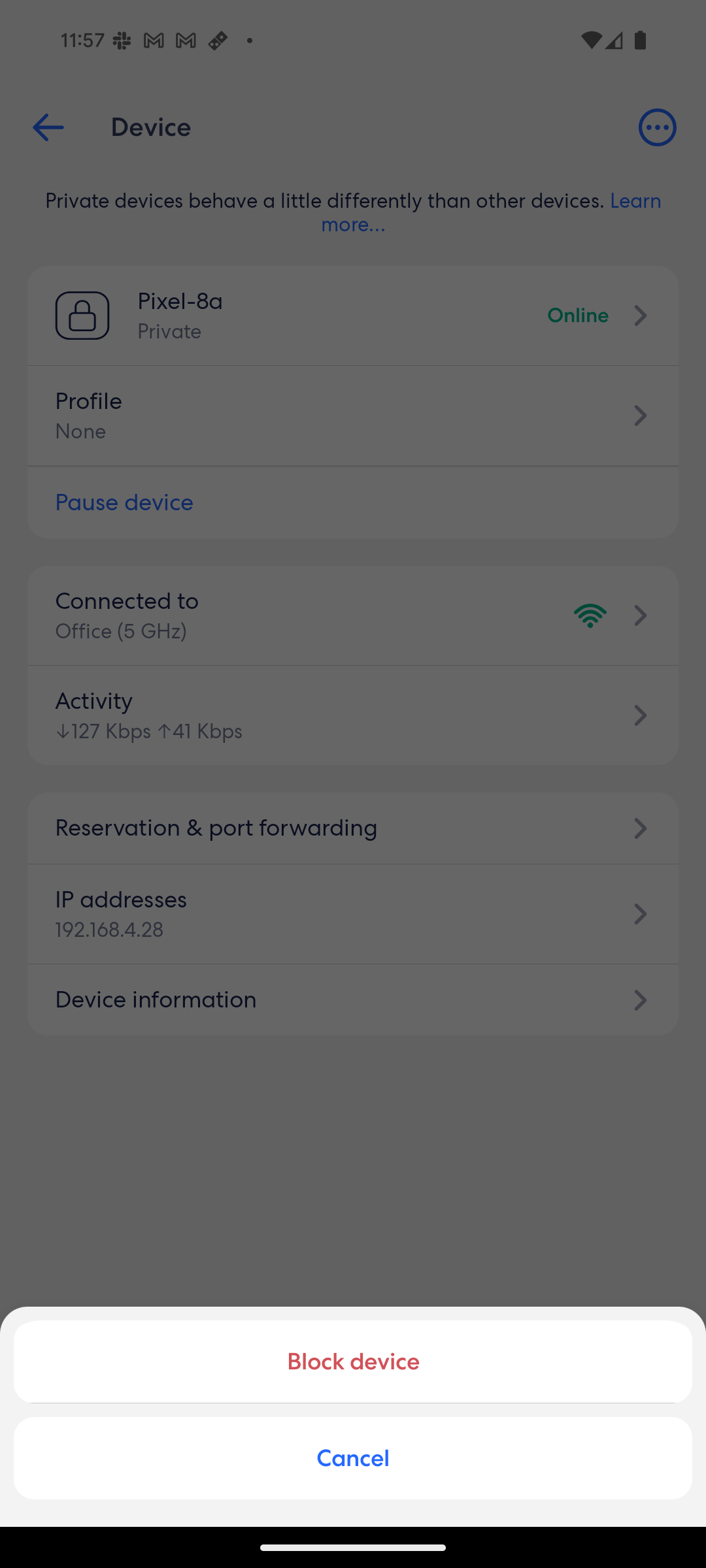 Imagen de la página de detalles de un dispositivo en la aplicación eero, que muestra información como la dirección IP, el tipo de conexión, el uso de datos y la dirección MAC. En la parte inferior, se encuentra la opción 