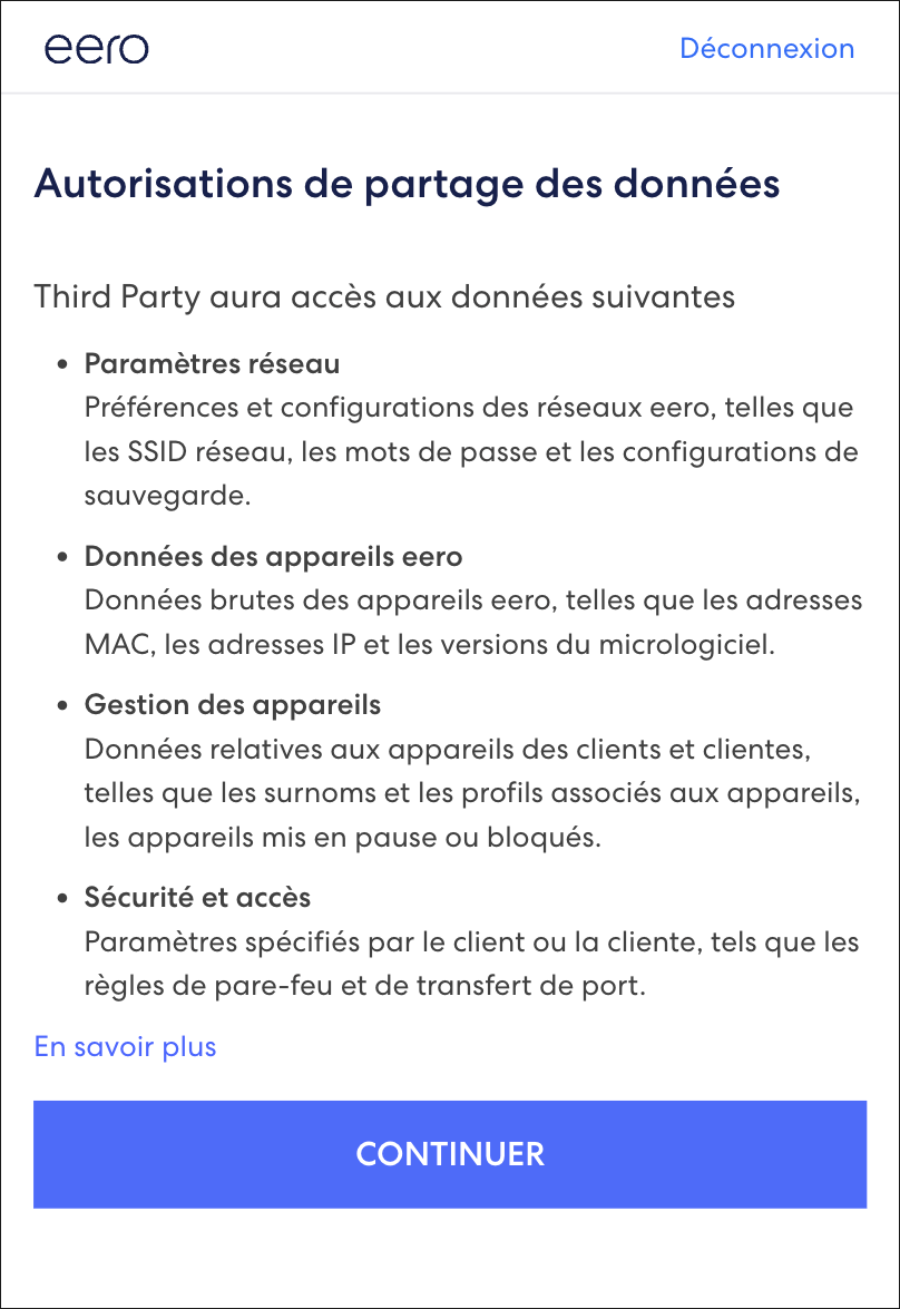 Affiche un message d'avertissement informant les clients des autorisations requises pour le partage de données.