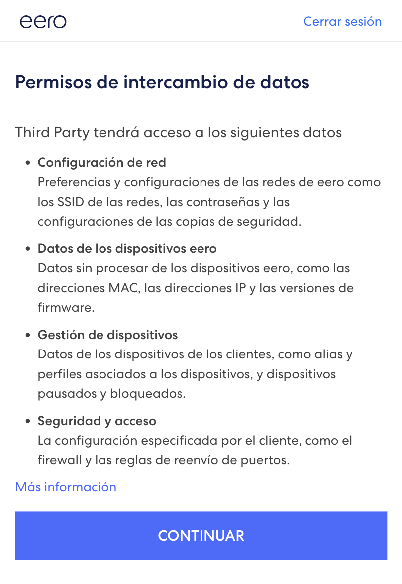Muestra un mensaje de exención de responsabilidad que informa a los clientes sobre los permisos necesarios para compartir datos.