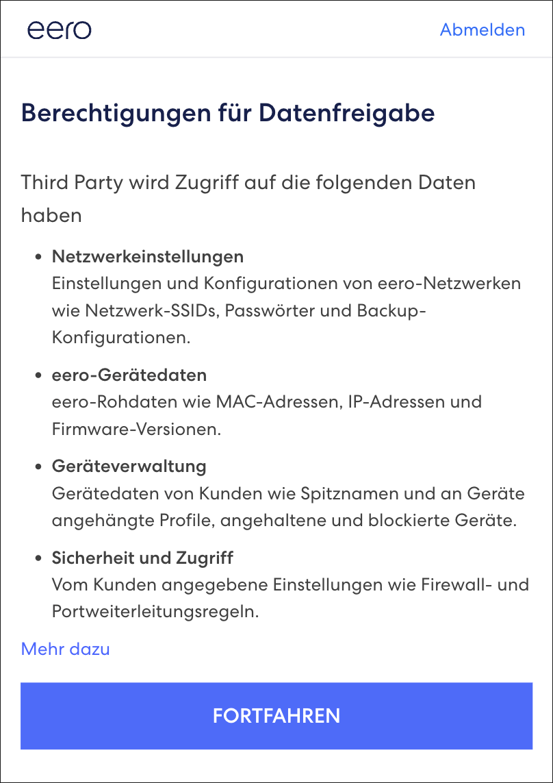 Zeigt eine Haftungsausschluss Meldung an, die Kunden über die zum Teilen von Daten erforderlichen Berechtigungen informiert.