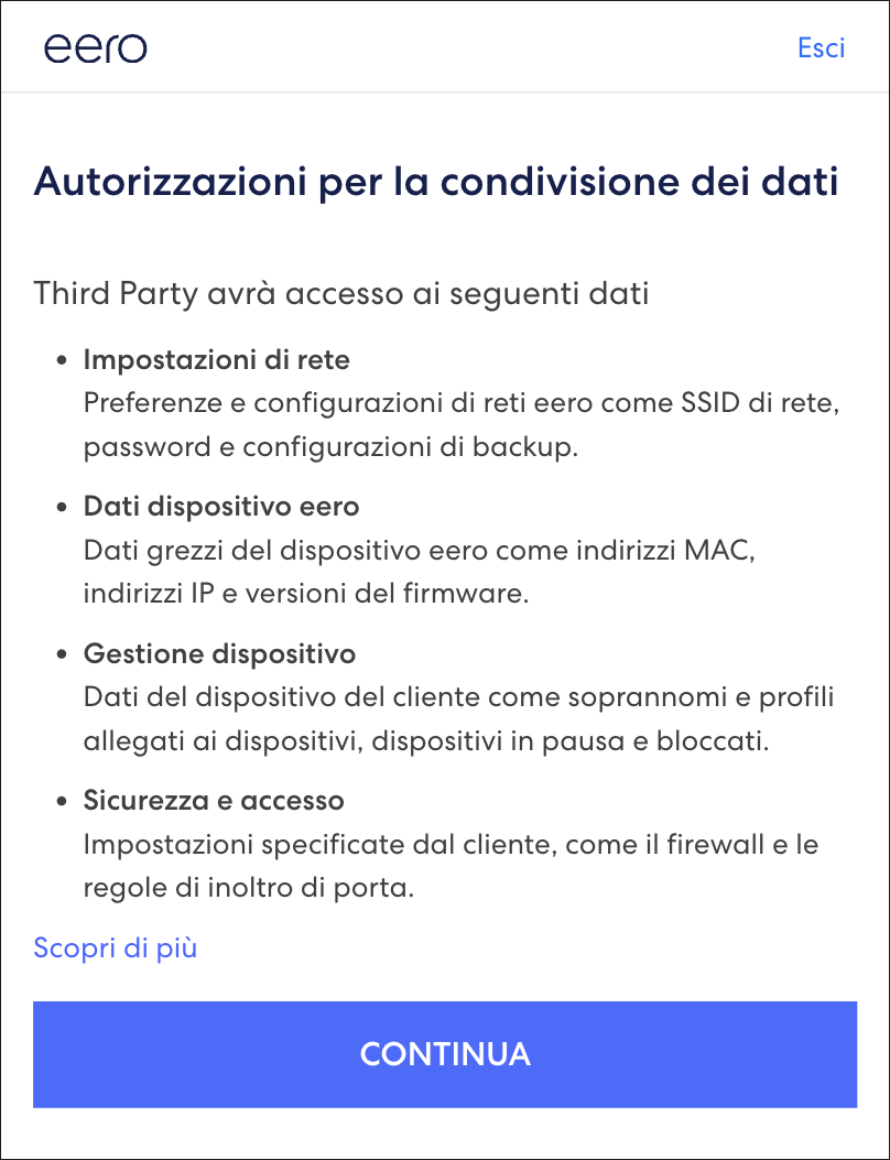 Visualizza un messaggio di esclusione di responsabilità che informa i clienti delle autorizzazioni richieste per la condivisione dei dati.