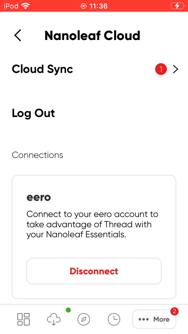 An image of the Cloud tab from Nanoleaf, which has an option to disconnect the eero account link.