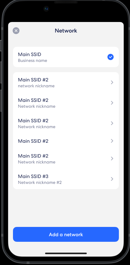 An image showing a list of networks in the eero app that display an SSID and a nickname to better differentiate which network is which.