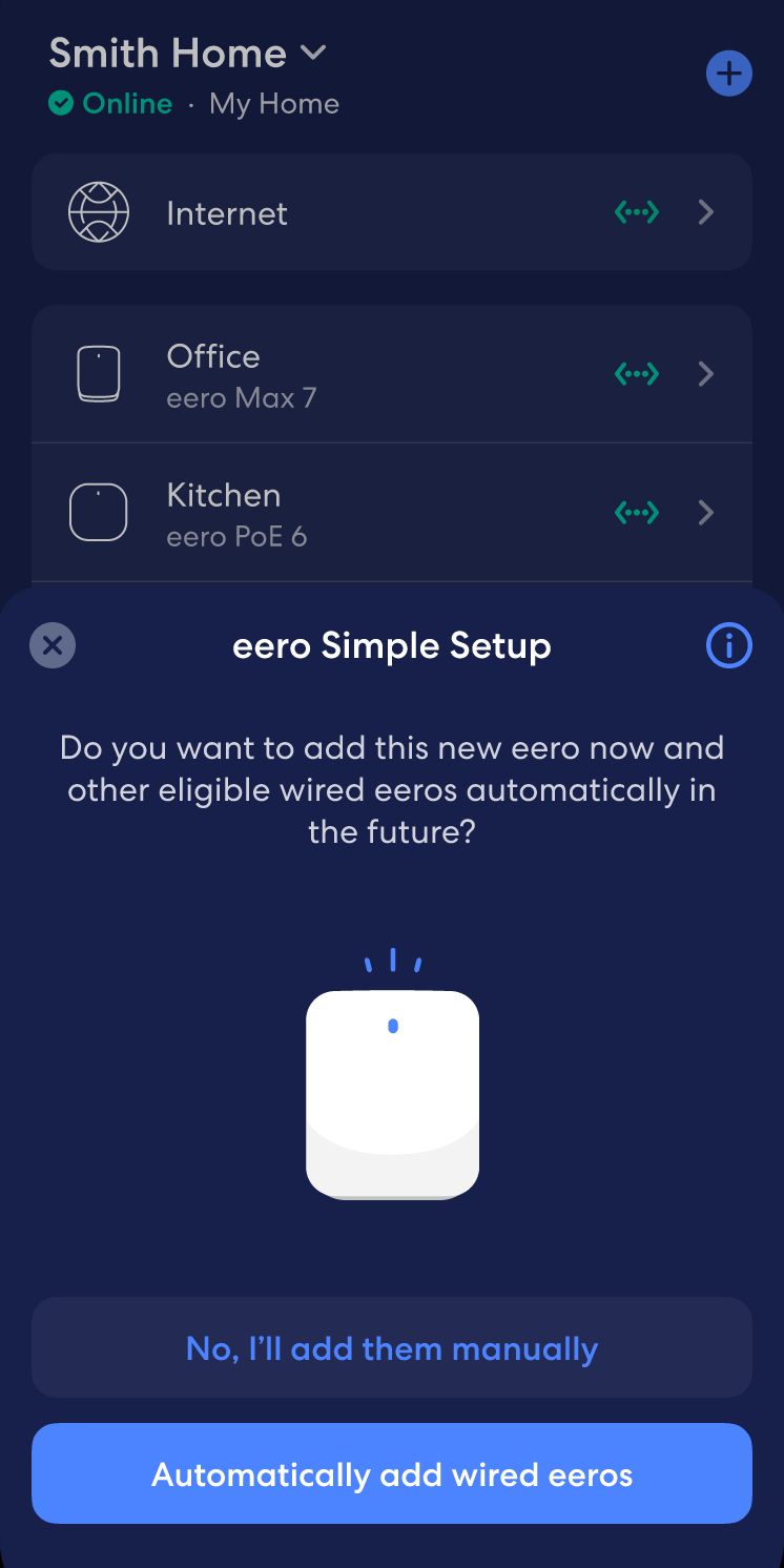 An image of the menu to enable eero Simple Setup. It asks the user if they want to enable the feature to allow eeros and other elligible devices to connect automatically in the future. You can choose to enable the feature, or to manually add these devices.