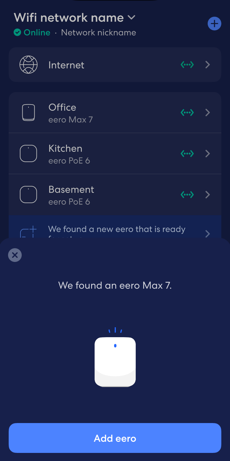An image of the Home screen of the eero app, which has automatically detected an eero Max 7 being wired to the existing network. There is an option to Add eero at the bottom.