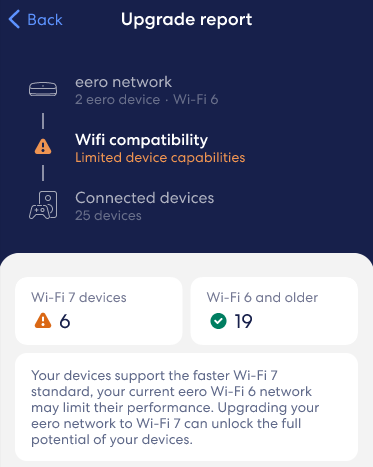 Screenshot of eero app showing limited compatibility between device Wi-Fi standards and eero hardware Wi-Fi standards.