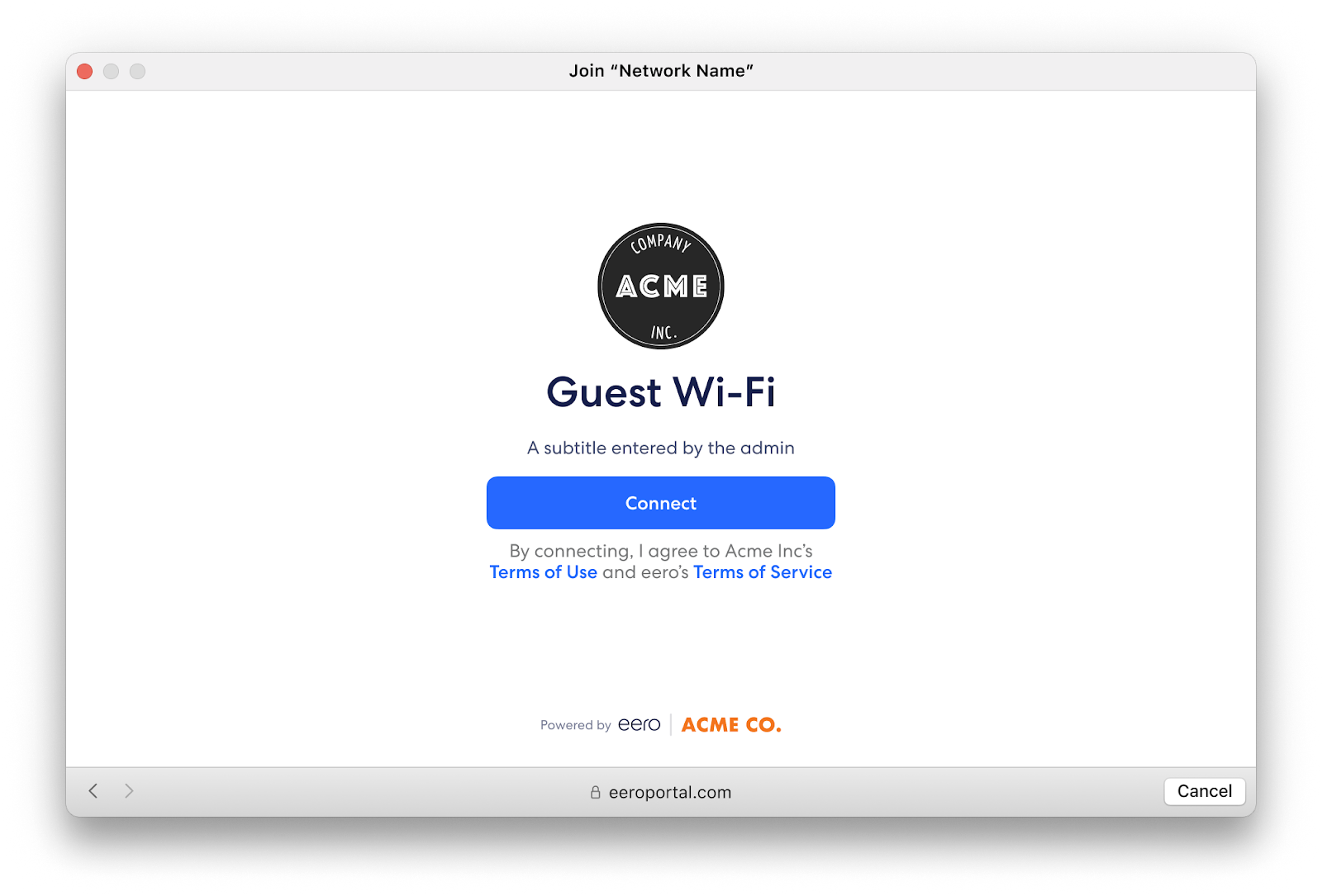An image of an example landing page for a Guest Network with Terms of Use from eero and from the Network Owner.