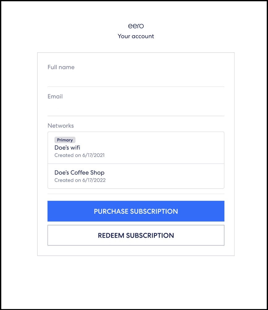 An animated GIF of the eero for Business sign up process. It starts after the login process and allows you to purchase a subscription or redeem a subscription. After selecting the Redeem option, it allows you to input your Software License Key. Next, you confirm the network you want to apply the subscription to, and finally, confirm your payment details for future renewals.