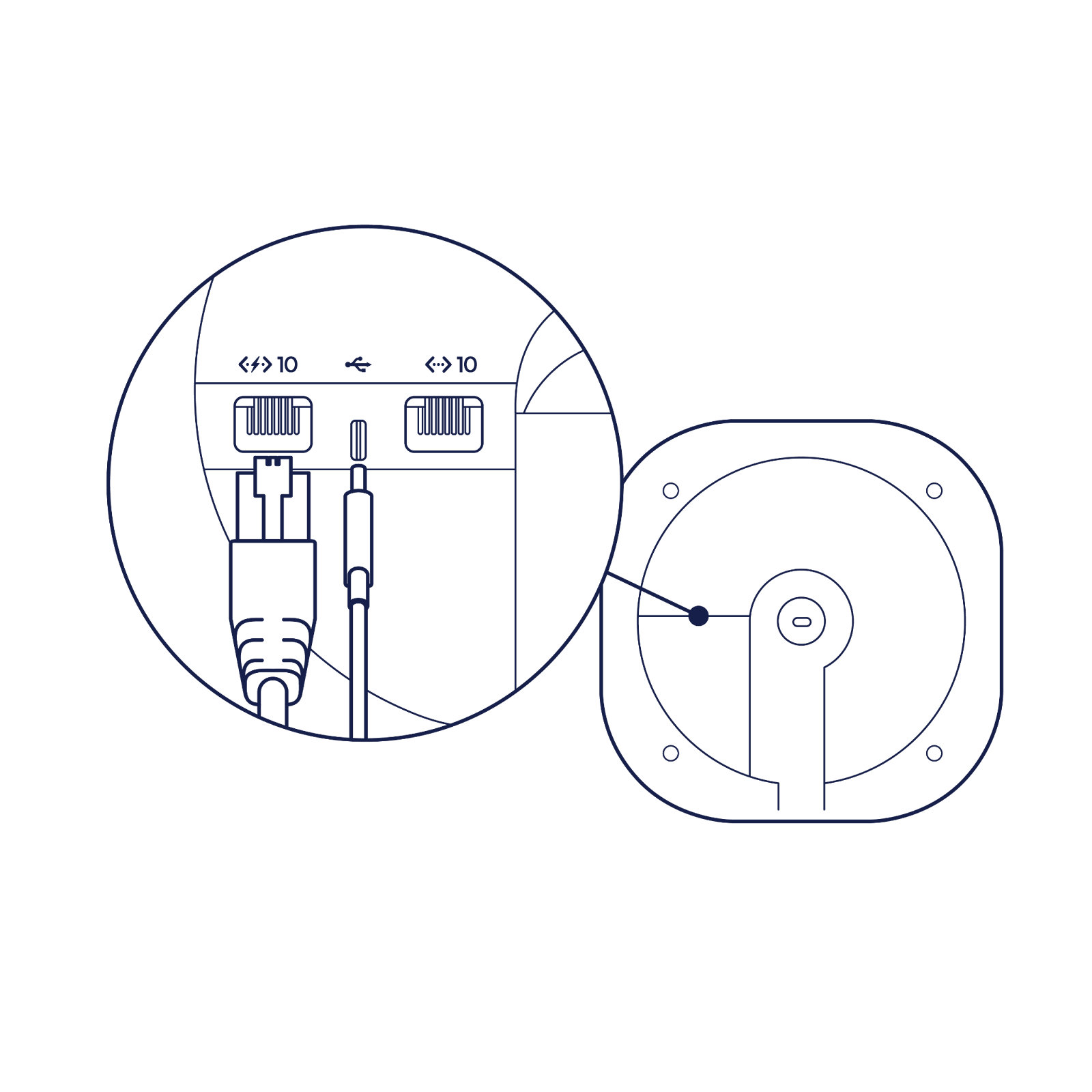 Displays an ethernet cable being plugged into the 10GbE PoE+ port and a USB-C power adapter being plugged into USB-C Power port